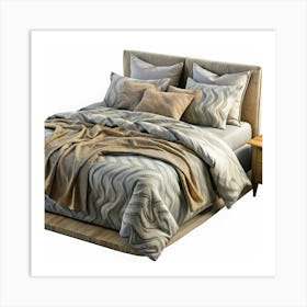 Bed With Beige And Grey Bedding And Wooden Frame Art Print