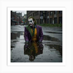 Jokers Reflection In A Puddle With A Gloomy Background Art Print