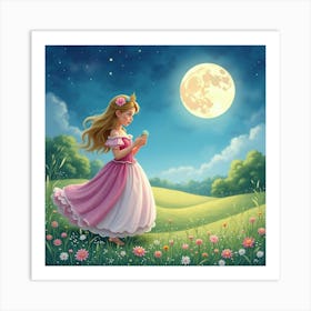 Beautiful Princess In A Watercolor Moonlit Meadow 1 Art Print