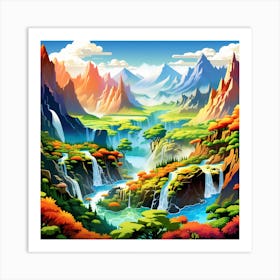 Waterfall In The Mountains Art Print