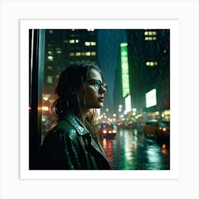 A Woman In The Heart Of New Yorks Night Raindrops Molding The Atmospheric Scene That Surrounds Her Art Print