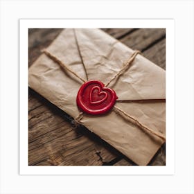 A vintage envelope secured with a red wax seal in the shape of a heart lies on a rustic wooden table Art Print