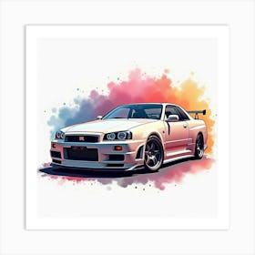 Nissan Gt R R34 In A Colorful Watercolor Background, No Signature Or Logo 1 Art Print