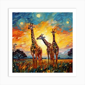 Giraffes In The Sunset Art Print