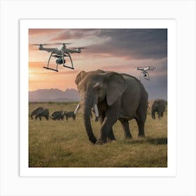 Elephants And Drones 1 Art Print