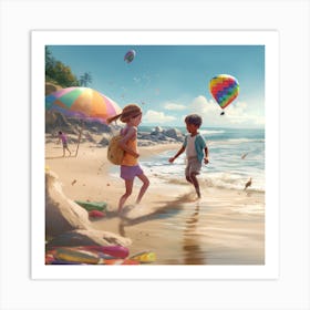 Children At The Beach 1 Art Print