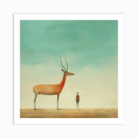 Deer And A Man Art Print