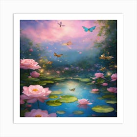 Lily Pond With Butterflies Art Print