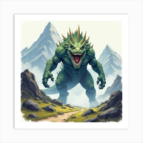 Titan Monster Rampaging In A Watercolor Mountain Range 1 Art Print