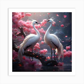 Two Cranes In Cherry Blossoms 1 Art Print