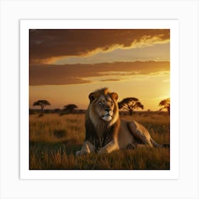 A Majestic Lion Lounging On A Grassy Savanna At Sunset, Surrounded By The Golden Hues Of The Setting Sun And The Vast Expanse Of The African Plains 4 Art Print