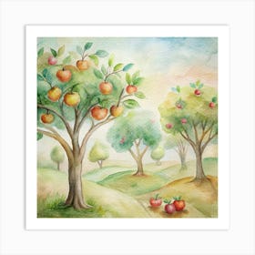 Watercolor Of Apple Trees 1 Art Print