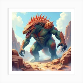 Titan Monster In A Watercolor Rocky Terrain With Bright Hues 1 Art Print