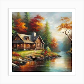 Serene lakeside cabin during the autumn season Art Print