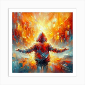 Man In A City A stunning expressionist painting with a vibrant color palette dominated by orange, reds, and yellows. The thick, loose brushstrokes create a sense of movement and energy, with visible paint drips and spatters adding to the overall texture. The focal point is a young girl wearing a hoodie, her arms outstretched as if embracing the world. The background is a dreamlike, impressionistic landscape with distorted perspectives, showcasing a dynamic interplay of colors and shapes. The overall atmosphere is vivid, dynamic, and full of life. Art Print