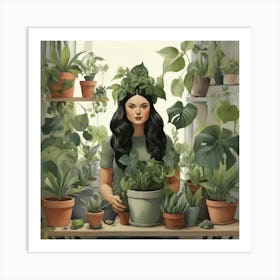 Girl With Potted Plants Art Print