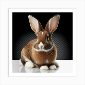 Here is a cute, fluffy, adorable, and cuddly brown bunny rabbit with white paws and a white belly, sitting on a white table with a checkered background, looking at the camera with its big, round, black eyes. Art Print