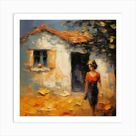 Woman Walks By A House Art Print