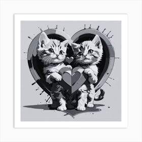 BW Kittens In A Heart Art Print