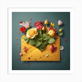 An open red and yellow letter envelope with flowers inside and little hearts outside 12 Art Print