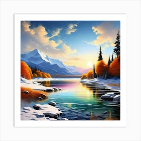 Mountain lac oil painting abstract painting art 1 Art Print