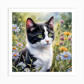 Tuxedo Kitten Digital Watercolor Portrait Art Print
