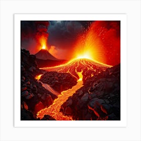 Illustration Of A Volcanic Eruption With Dynamic Flows Of Molten Lava Fiery Reds And Oranges Domina Art Print