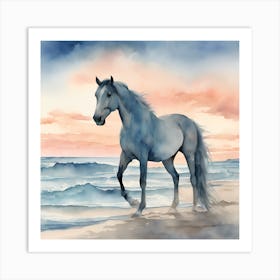 Blue Horse On The Beach Art Print