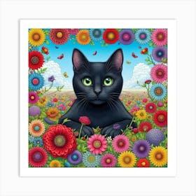 Black Cat In A Flower Field Art Print