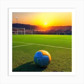 Soccer Ball On The Field At Sunset Art Print