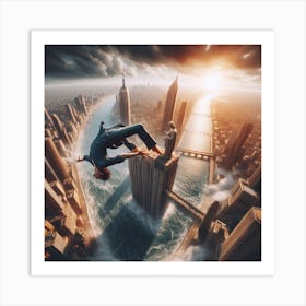 Man Flying Over A City Art Print