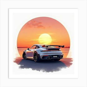 Elegant Sports Car With A Sunset Horizon, Watercolor Painting 1 Art Print