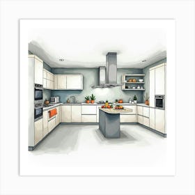 Modern High Tech Kitchen In Watercolor, With Sleek Appliances And Clean Lines Art Print