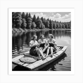 Eating Pasta on a Lake, Three Women On Raft, Funny Black and White Vintage Photo Art Print 1 Art Print