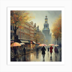 Amsterdam cafes, autumn season, rain, autumn oil colours.Faded colours,People passing on the street, winter clothes, rain umbrellas.1 Art Print