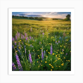 Wildflowers At Sunset, Landscape Of A Meadow With Wildflowers In Bloom art print 2 Art Print