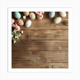 Easter Themed Wooden Table From Above Featuring Eggs Art Print