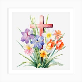 Easter Cross With Flowers Art Print