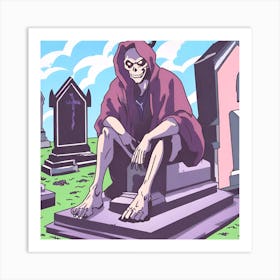 Skeleton Sitting On Grave Art Print