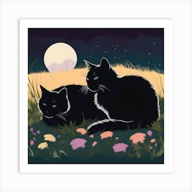 Silhouettes Of Cats In The Garden At Night, Black, Yellow And Turquoise Art Print