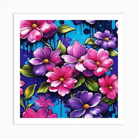 Flowers On Blue Background Art Print