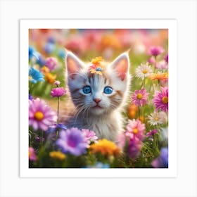 Colorful Kids Art Of A Kitten Playing In A Field Of Flowers Miki Asai Macro Photography Close Up Art Print