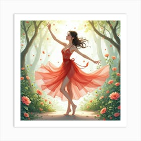 Beautiful Dancer In Watercolor Magical Garden 1 Art Print