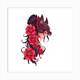 Asian Girl With Red Flowers Art Print