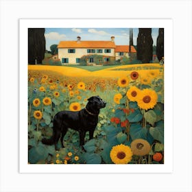 Gustav Klimt Style, Farm Garden With Sunflowers And A Black Dog Art Print