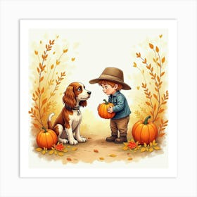 Watercolor Of A Cocker Spaniel And Child At A Fall Harvest Festival 1 Art Print