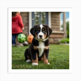 Bernese Mountain Dog puppy with brown eyes, wearing a bright green bandana with white designs. The image should capture Lemmy in an adorable, eye-catching pose that embodies the playful and loving nature of a puppy. The image should be in the vivid and detailed 3d animation. Set the background to a front porch, in the background you can see 3 pairs of girls shoes, 2 toddler size and one teenagers making it colorful and engaging. Art Print