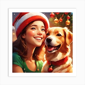 Christmas Girl With A Dog Art Print