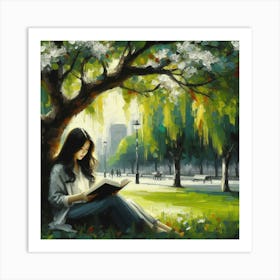 Reading Under A Tree, Acrylic Painting Style Art Print