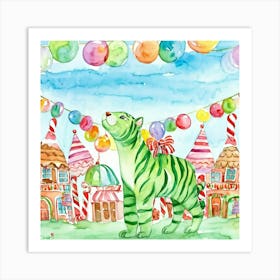 Watercolor Of A Jovial Green Tiger Standing Amid Whimsical Candy Shop Surroundings Lollipop Trees T Art Print